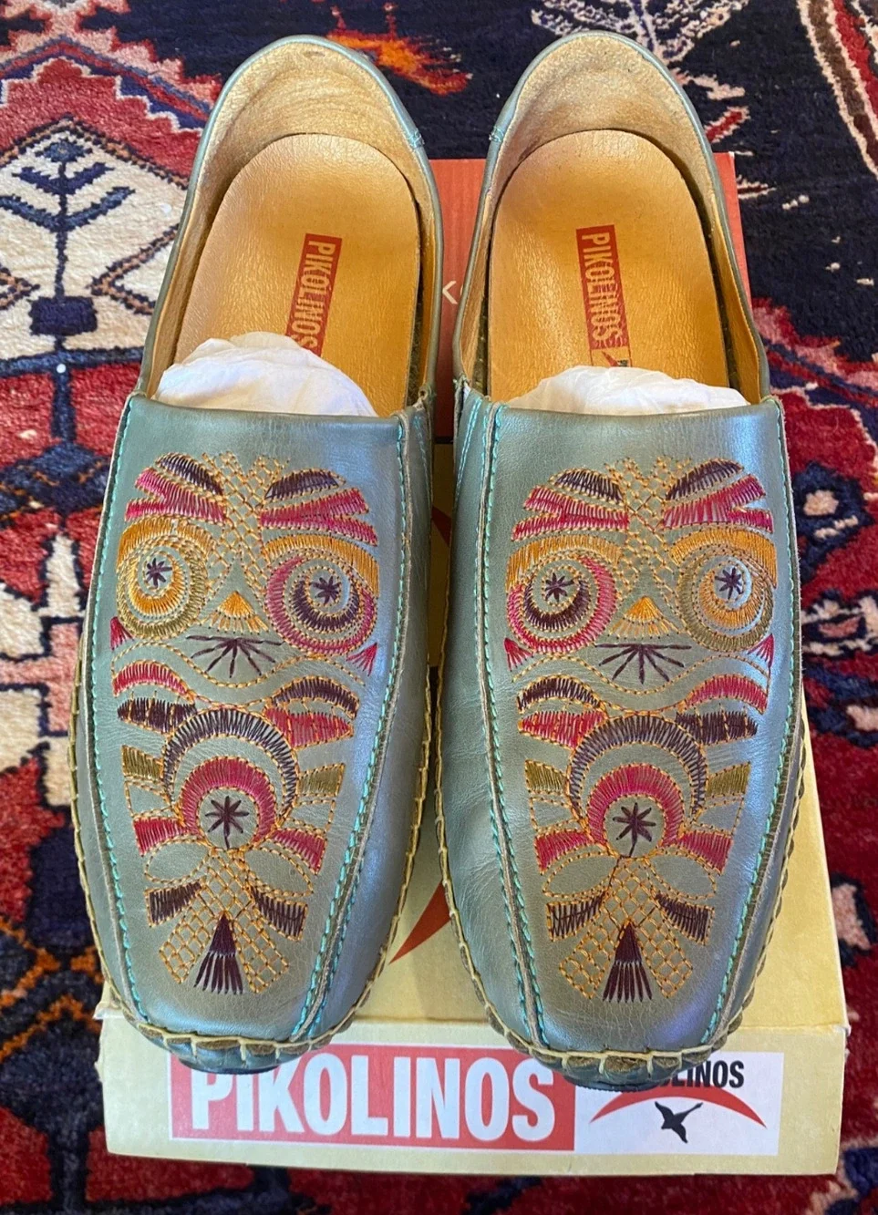 PIKOLINOS Embroidered Leather Mules Mar Sage Green Moccasin Loafers Women 42 NIB
